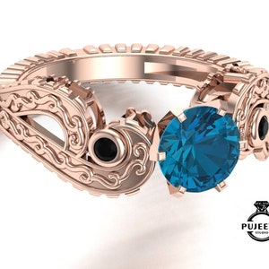 Rose plated 925 sterling silver ring studded with AAA London blue topaz gemstone,Engagement ring,December birthstone ring,Ring for her