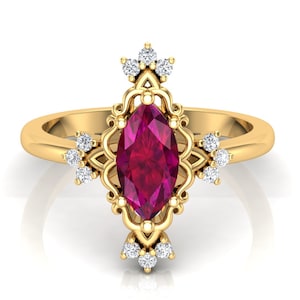 1.15 ct. Marquise Ruby Wedding Anniversary Bridal Ring, Vintage Art Deco Ring, Marquise Shape, Solitaire Ring, Gift For Her, Filigree Ring.