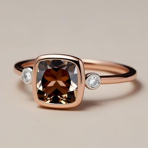 Cushion Smokey Quartz 14K Rose Gold Plated Solitaire Engagement Wedding Ring Bridal Ring 14K Gold Bridal Ring For Her Statement Promise Ring
