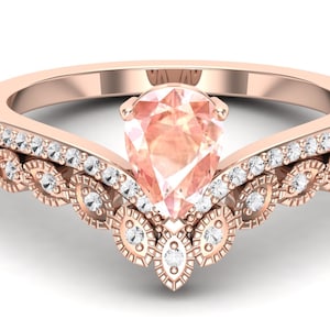 2.14ct AAA peach morganite 14KT rose gold bridal rings set engagement ring wedding band june birthstone pear cut morganite ring for her