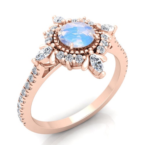 AAA Natural Moonstone Vintage Art Deco Ring, shops Moissanite Ring, Marquise Look Ring, Solitaire Ring For Her, Halo Ring For Daughter.