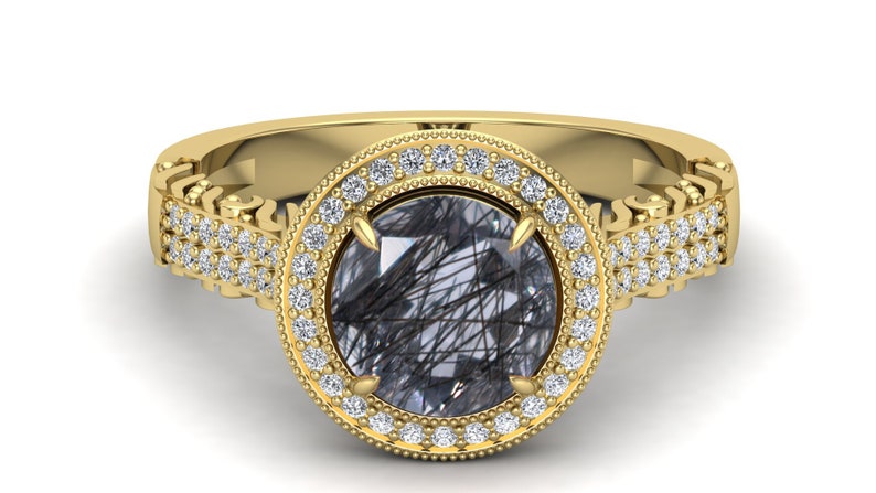 Milgrain Ring 2.30 Black Rutile Engagement Bridal Ring Vintage Art Deco Ring Moissanite Ring. Unique Ring Filigree Ring Solitaire Ring