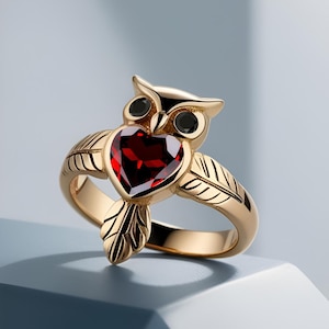 Verlobungsring mit rotem Herz und Granat, einzigartiges Eulen-Design, 925er Silber/Gelbgold, Brautring, Versprechensring, Natur-Ehering, Liebesring
