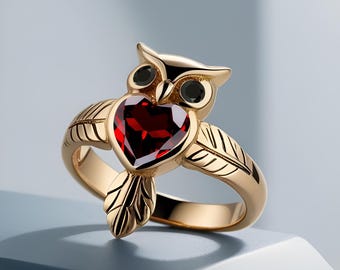 Heart Red Garnet Engagement Ring Unique Owl Design 925 Silver Yellow Gold Ring Bridal Promise Ring Nature Wedding Ring Promise Ring For Love