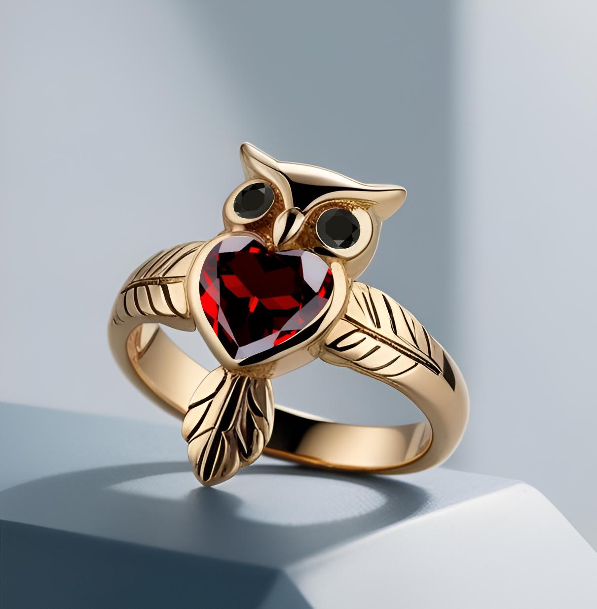 Heart Red Garnet Engagement Ring Unique Owl Design 925 Silver Yellow Gold Ring Bridal Promise Ring N