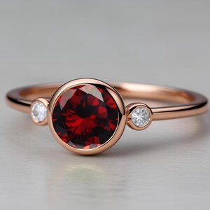 Round Red Garnet 14K Rose Gold Plated Engagement Wedding Ring Bridal Ring For Her Graduation Statement Promise Ring Birthday Gift