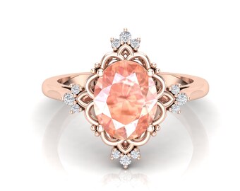 2.47 ct. Peach Morganite Wedding Bridal Ring, Vintage Ring For Weather, Cluster Look Ring, Estate Ring For Women, Cathedral Shank Ring.