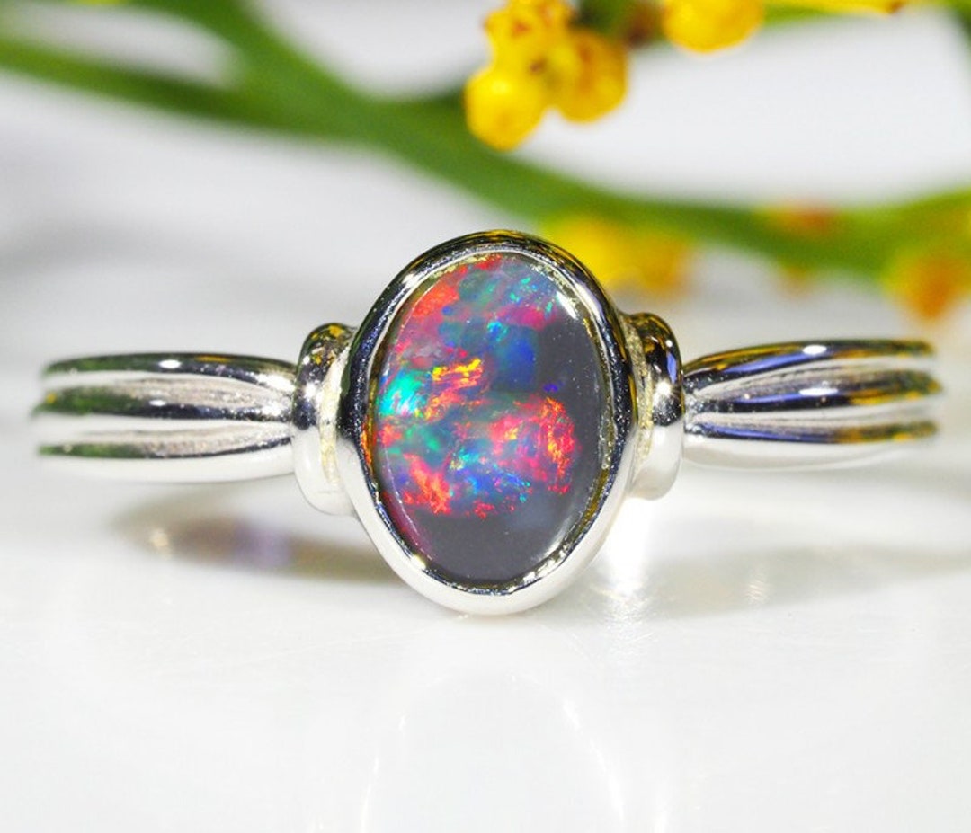 Black Opal Gemstone 14kt White Gold Ring October Birthstone - Etsy