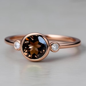 Round Smokey Quartz 14K Rose Gold Plated Solitaire Engagement Wedding Ring Bridal Ring 14K Gold Bridal Ring For Her Statement Promise Ring