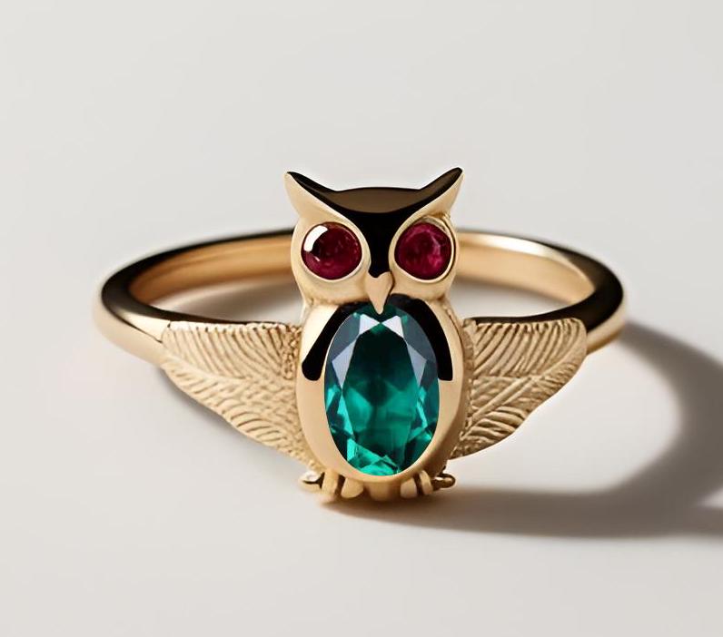 Oval Emerald Engagement Ring Unique Owl Design 925 Silver Yellow Gold Ring Bridal Promise Ring Natur