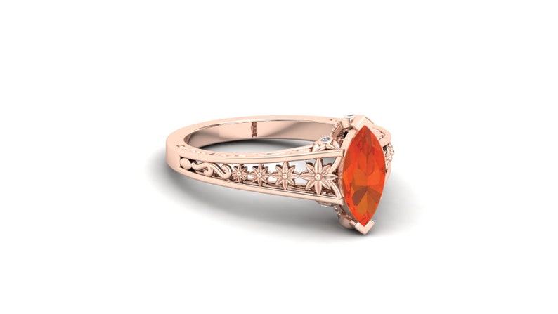 Floral Ring. Orange Stone Ring Vintage Art Deco Ring Moissanite Ring Fire Opal Wedding Engagement Bridal Ring Solitaire Ring 1.00 ct