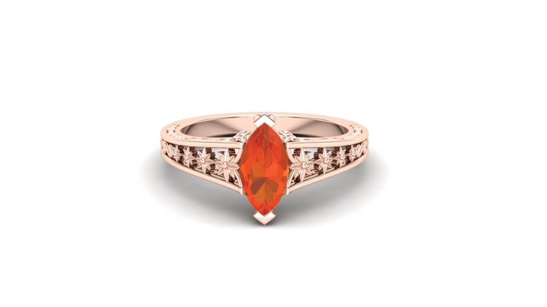 Floral Ring. Orange Stone Ring Vintage Art Deco Ring Moissanite Ring Fire Opal Wedding Engagement Bridal Ring Solitaire Ring 1.00 ct