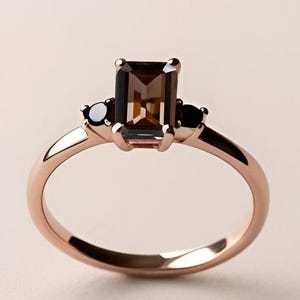 Octagon Smokey Quartz 14K Rose Gold Plated Solitaire Engagement Wedding Ring Bridal Ring 14K Gold Bridal Ring For Her Statement Promise Ring