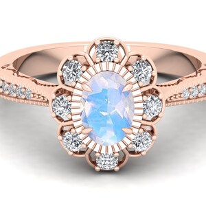 AAA Natural Moonstone Wedding Bridal Ring, Vintage Art Deco Ring, Solitaire Ring, Moissanite Ring, Tapered Shank Ring For Mother&#39;s Day.