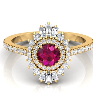 Lab Created Ruby Engagement Vintage Art Deco Ring, Round Shape Ring, Moissanite Ring, Alternative Ring For Her, Gift For Birthday Girl.