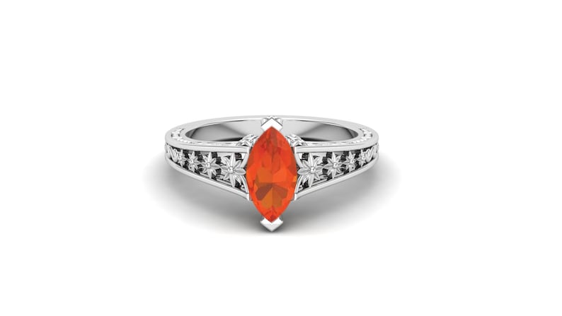 Floral Ring. Orange Stone Ring Vintage Art Deco Ring Moissanite Ring Fire Opal Wedding Engagement Bridal Ring Solitaire Ring 1.00 ct