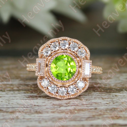 1.59 ct. Peridot Wedding Bridal Ring, Vintage Art Deco Ring, Moissanite Ring, Green Stone Ring, Band Ring, Cathedral Shank Ring For Love. shops