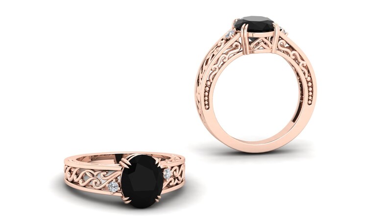 Black Onyx Wedding Bridal Ring Black Stone Ring. Solitaire Ring Vintage Art Deco Ring Moissanite Ring Filigree Ring 3.50 ct