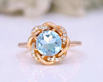 Round Sky Blue Topaz Engagement Bridal Ring, Vintage Art Deco Ring Halo Ring Unique Ring Blue Stone Ring 14K Rose Gold 925 Silver  Ring