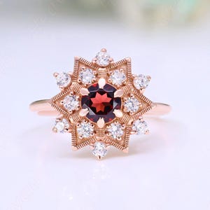 Round Red Garnet Engagement Bridal Ring Art Deco Ring Unique Ring Wedding Ring 14K Rose Gold 925 Silver Ring Promise Ring Anniversary Gift