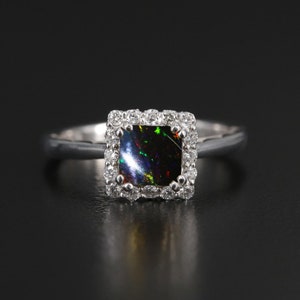 0.95ct certified  AAA natural black opal gemstone 14KT white gold solitaire vintage art deco engagement ring october birthstone gold ring