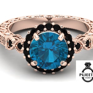 Round AAA London blue topaz gemstone rose plated 925 sterling silver ring, Studded with black spinel,Engagement ring,Wedding ring