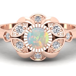 AAA Natural Opal Wedding Vintage Art Deco Ring, Round Shape Ring, Moissanite Ring, Filigree Ring For Women, Gift For Wife, Floral Ring.