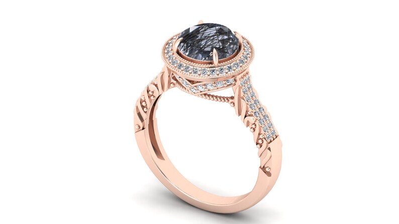 Milgrain Ring 2.30 Black Rutile Engagement Bridal Ring Vintage Art Deco Ring Moissanite Ring. Unique Ring Filigree Ring Solitaire Ring