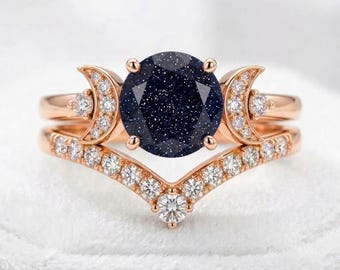 Set di anelli con arenaria blu celeste, set di anelli di fidanzamento con luna crescente in oro rosa, fede nuziale a chevron con moissanite in argento 925, set da sposa