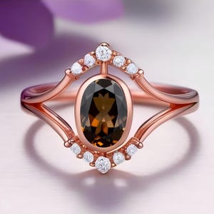 Oval Smokey Quartz 14K Rose Gold Plated Solitaire Engagement Wedding Ring Bridal Ring 14K Gold Bridal Ring For Her Statement Promise Ring