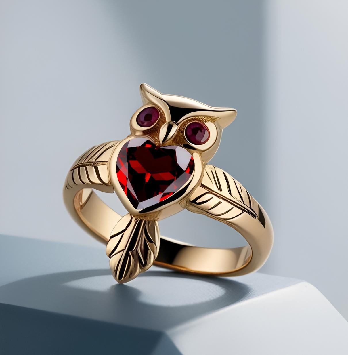 Heart Red Garnet Engagement Ring Unique Owl Design 925 Silver Yellow Gold Ring Bridal Promise Ring N
