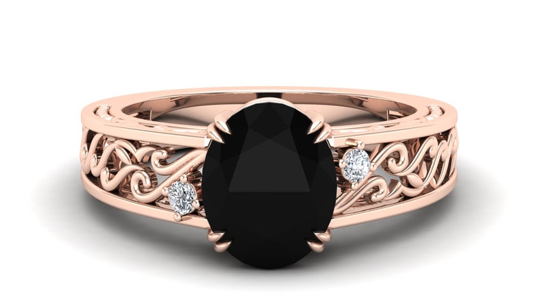Black Onyx Wedding Bridal Ring Black Stone Ring. Solitaire Ring Vintage Art Deco Ring Moissanite Ring Filigree Ring 3.50 ct