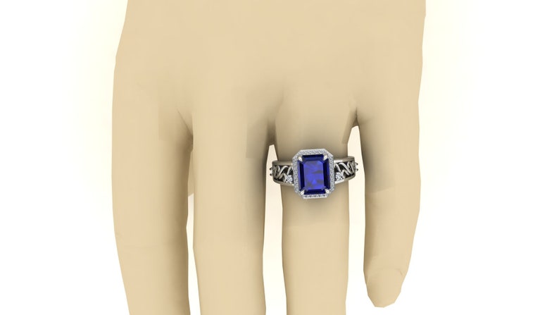 2.75 ct Blue Stone Ring Blue Sapphire Wedding Bridal Ring Solitaire Ring Moissanite Ring Halo Ring. Vintage Art Deco Ring