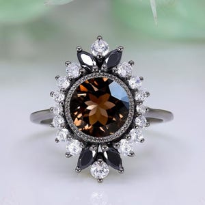 Round smokey quartz gemstone black rhodium plated Wedding Bridal ring birthstone Anniversary gift Statement Promise Ring art deco rings
