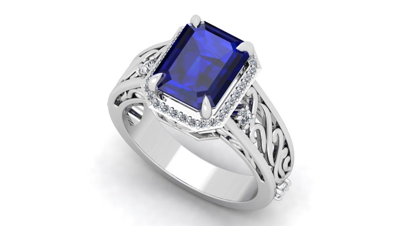 2.75 ct Blue Stone Ring Blue Sapphire Wedding Bridal Ring Solitaire Ring Moissanite Ring Halo Ring. Vintage Art Deco Ring