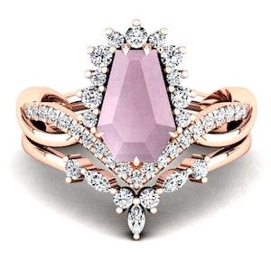 coffin rose quartz gemstone 14K rose gold plated 925 silver engagement wedding bridal rings set anniversary birthday christmas gift