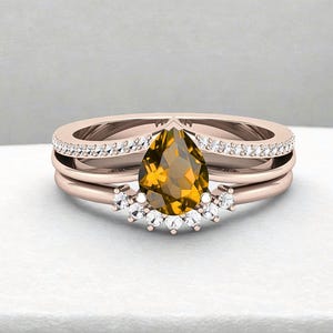 Citrine Engagement Ring Set Wedding Bridal Ring Set 925 Silver 14K Rose Gold Art Deco Ring Set Anniversary Gift Birthday Gift