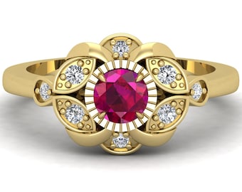 Lab Created Ruby Engagement Vintage Art Deco Ring, Round Shape Ring,Moissanite Ring,Filigree Ring,  For Her, Floral Ring, Gift For Women.