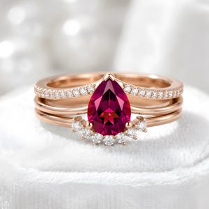 Vintage Pear Cut Ruby Engagement Ring Set 925 Silver 14k Rose Gold, Bridal Ring Set, Art Deco Rings Set, Crown Curved Band Set