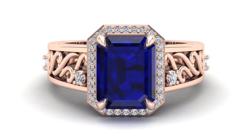 2.75 ct Blue Stone Ring Blue Sapphire Wedding Bridal Ring Solitaire Ring Moissanite Ring Halo Ring. Vintage Art Deco Ring