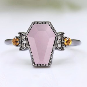 coffin rose quartz gemstone black rhodium plated 925 silver engagement Wedding bridal rings art deco citrine coffin birthday rings for her