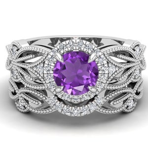 1.80 ct AAA amethyst gemstone 925 sterling silver rings Engagement rings set Wedding rings set Promise rings Purple gemstone ring, Leaf Ring