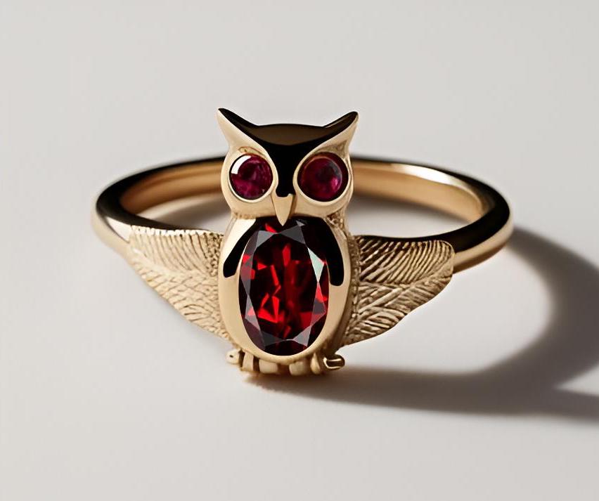 Oval Red Garnet Engagement Ring Unique Owl Design 925 Silver Yellow Gold Ring Bridal Promise Ring Na