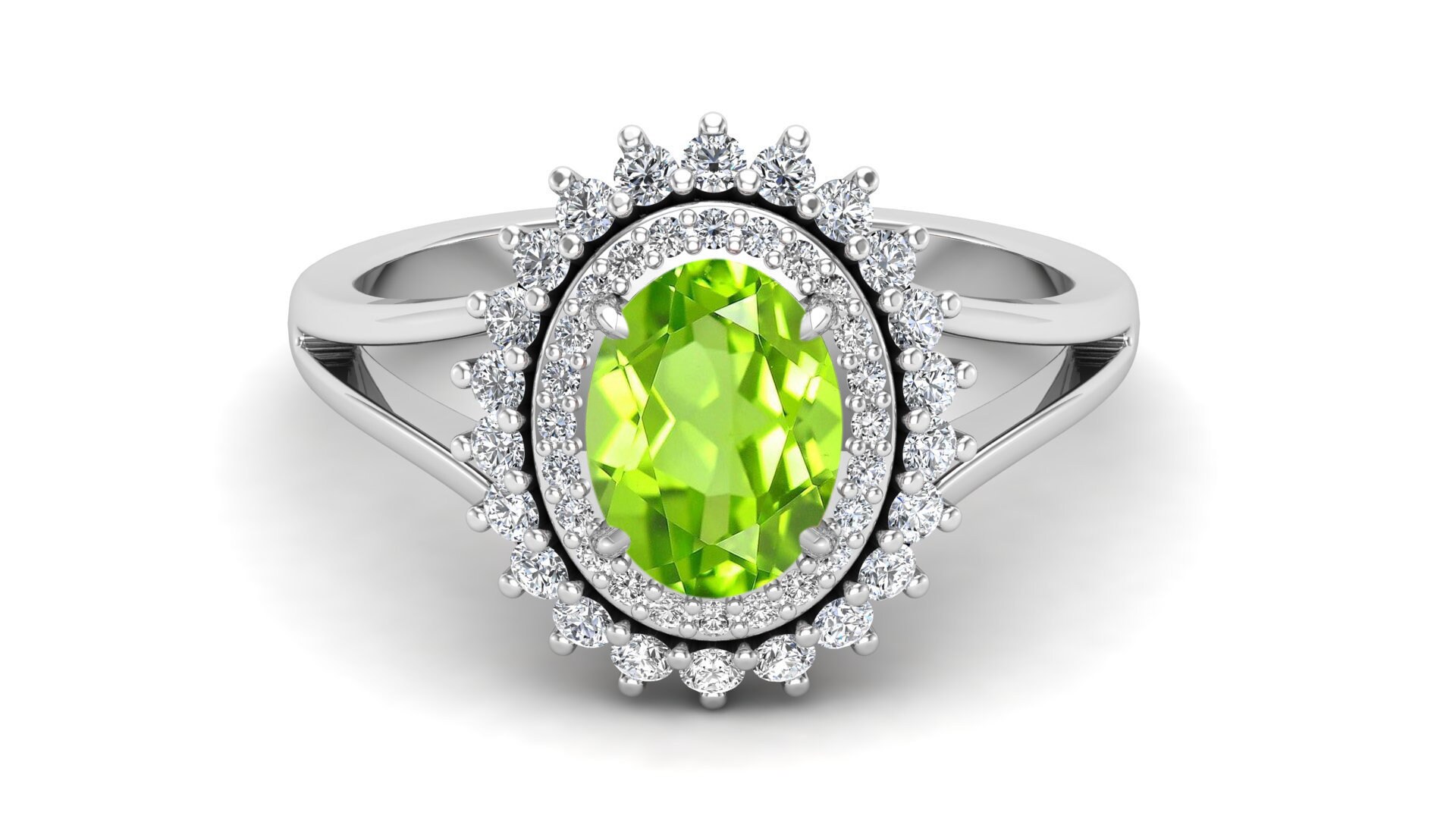 1.35 ct Solitaire Ring Vintage Art Deco Ring Peridot Engagement Bridal Ring Cathedral Shank Ring Green Stone Ring Flower Ring.