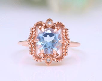 Round Sky Blue Topaz Engagement Bridal Ring, Vintage Art Deco Ring Halo Ring Unique Ring Blue Stone Ring 14K Rose Gold 925 Silver  Ring