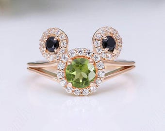 Ronde peridot verlovingsring bruidsring Mickey Mouse ring schattige sierlijke ring unieke ring groene stenen ring 14K roségoud 925 zilveren ring
