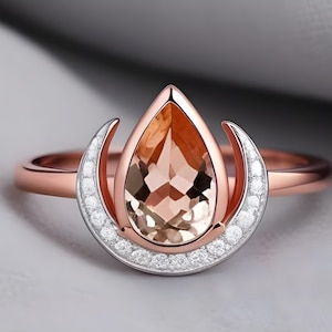 Peach morganite 14KT rose gold plated 925 silver bridal ring engagement ring wedding anniversary ring promise ring crescent ring for love