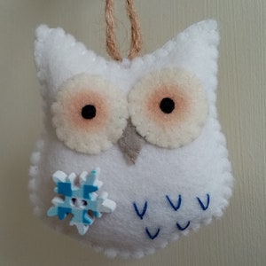 Hanging Snowy Owl Decoration - hand-embroidered wool felt owl with blue star / ivory sphere - to hang from tree, hooks or handles!