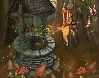 Midsummer night illustration print magical woodland fairy mushroom elf
