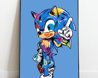 May include: A colorful illustration of Sonic the Hedgehog, a blue video game character with yellow eyes, standing on a blue background. The illustration is in a pop art style with splashes of color.